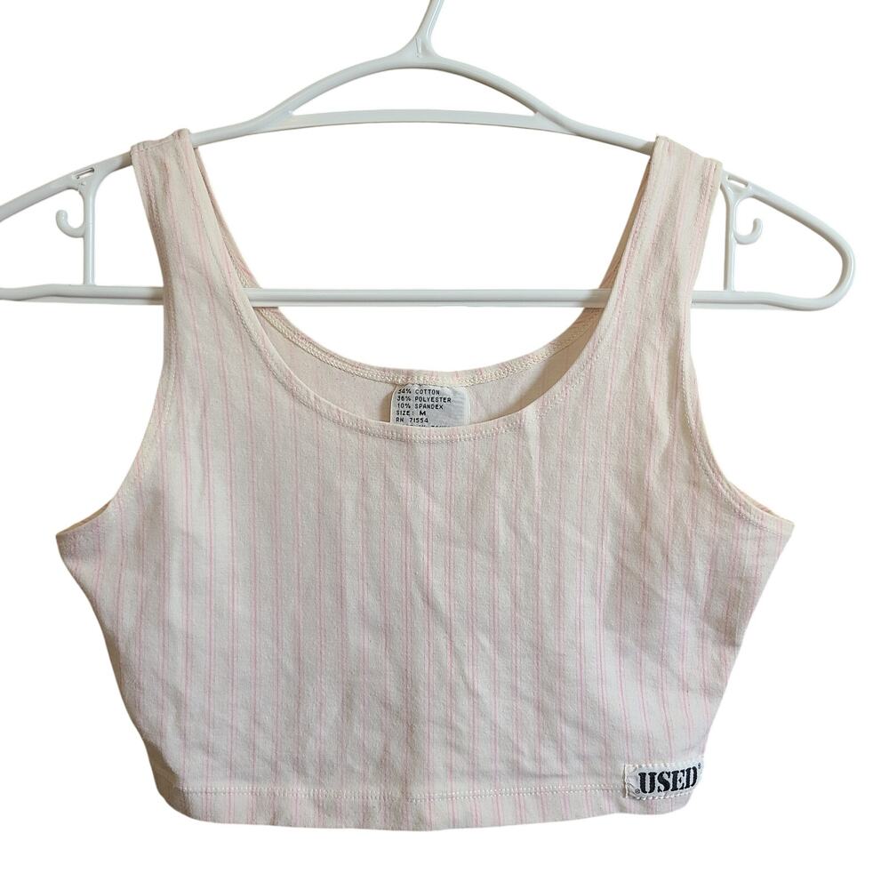 VTG 90s USED Brand Fitted Crop Baby Tank‎ Top Womens M Pink White Stripe Retro
